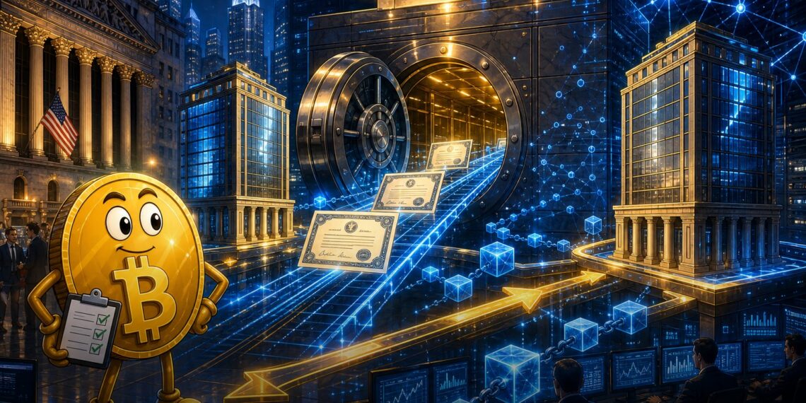 Ilustração editorial sobre Paxos, SEC e liquidação de ações em blockchain