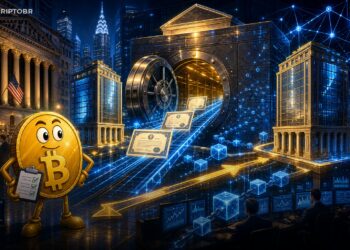 Ilustração editorial sobre Paxos, SEC e liquidação de ações em blockchain
