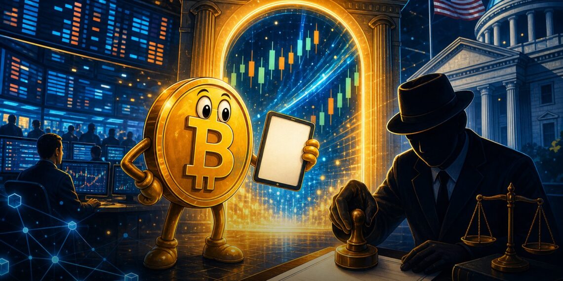 Ilustração editorial sobre aprovação da CFTC para perpétuo de Bitcoin da Kalshi