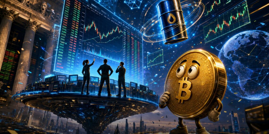 Ilustração editorial da Hyperliquid como mercado descentralizado de derivativos 24/7 observado pelo Bitcoin.