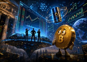 Ilustração editorial da Hyperliquid como mercado descentralizado de derivativos 24/7 observado pelo Bitcoin.