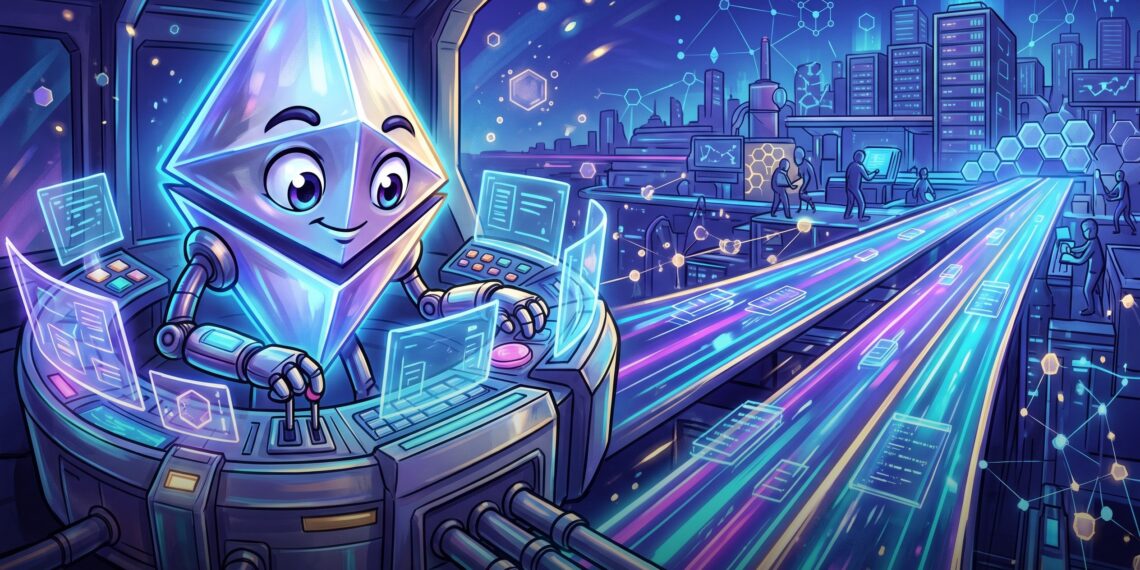 Ilustração editorial do Ethereum expandindo a capacidade da blockchain após a atualização Glamsterdam