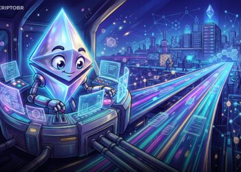 Ilustração editorial do Ethereum expandindo a capacidade da blockchain após a atualização Glamsterdam