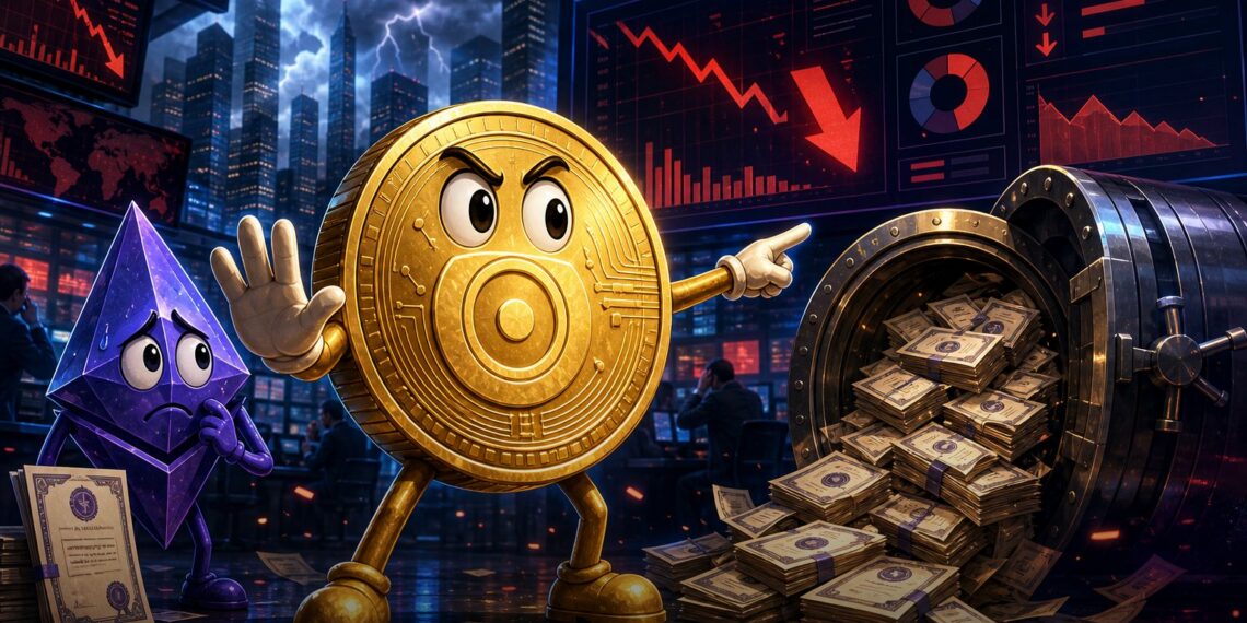 Ilustração editorial sobre saques recordes em ETFs de Bitcoin e Ether
