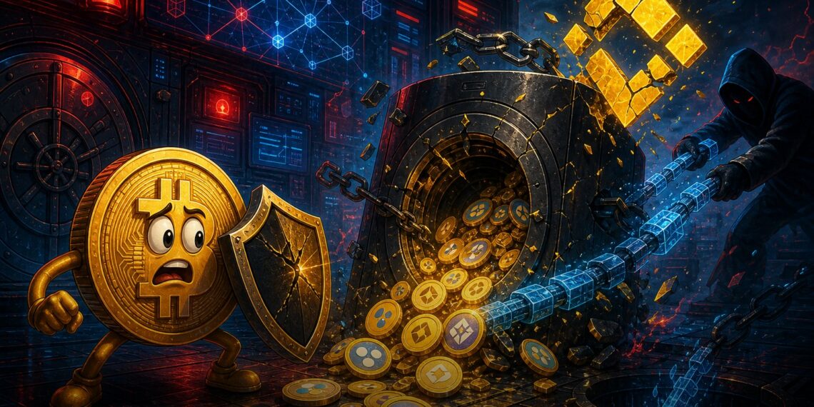 Ilustração editorial de exploit em locker de liquidez da DxSale na BNB Chain