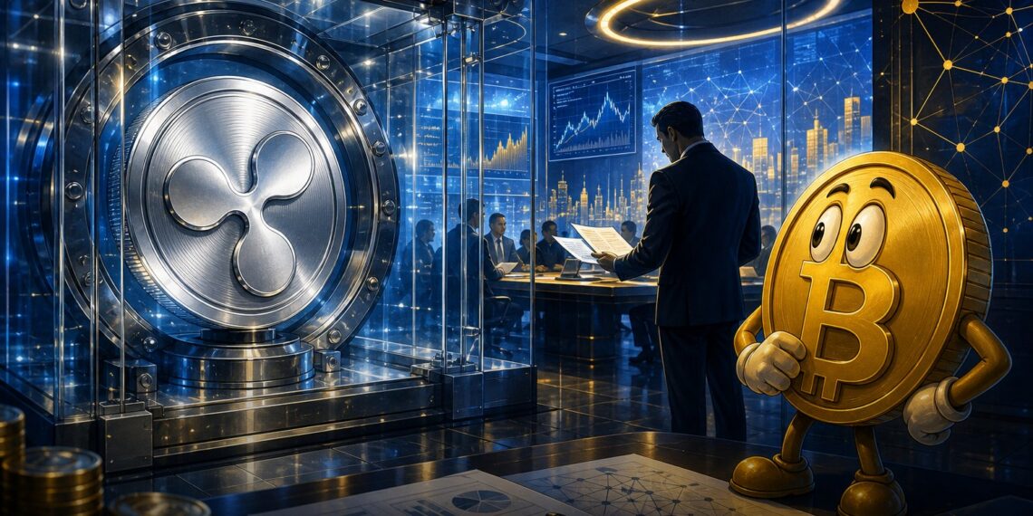 Ilustracao editorial sobre tesouraria de XRP liderada pela Ripple
