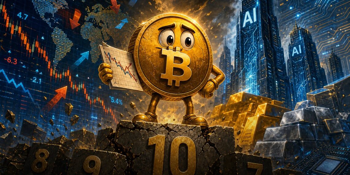 Mascote do Bitcoin diante de ranking global de ativos, com ouro, prata e ações de IA ao fundo