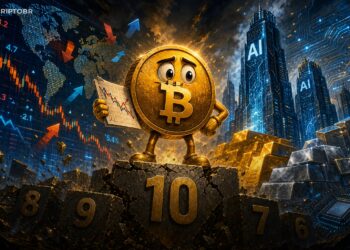 Mascote do Bitcoin diante de ranking global de ativos, com ouro, prata e ações de IA ao fundo