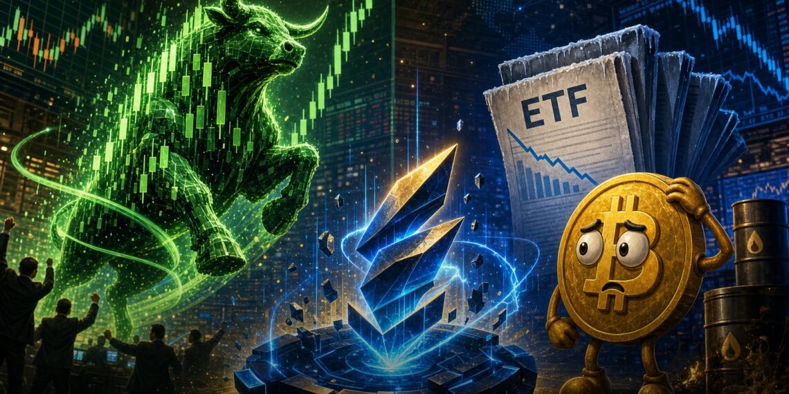 Ilustração sobre Bitcoin ficando para trás no rali das ações, ETFs esfriando e HYPE em destaque