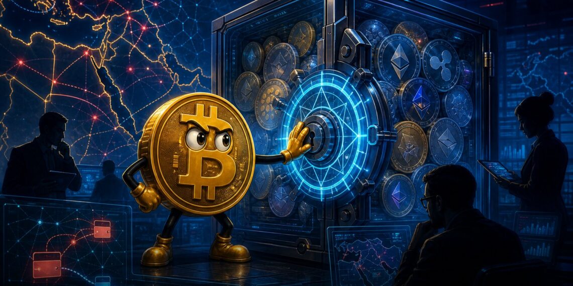 Ilustração editorial sobre apreensão de criptomoedas ligadas ao Irã pelos EUA