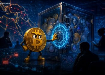 Ilustração editorial sobre apreensão de criptomoedas ligadas ao Irã pelos EUA