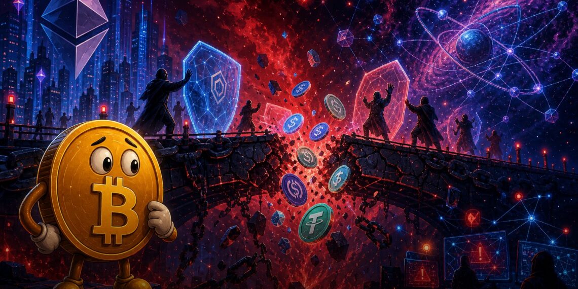 Ilustração de uma ponte blockchain danificada após exploit na Gravity Bridge