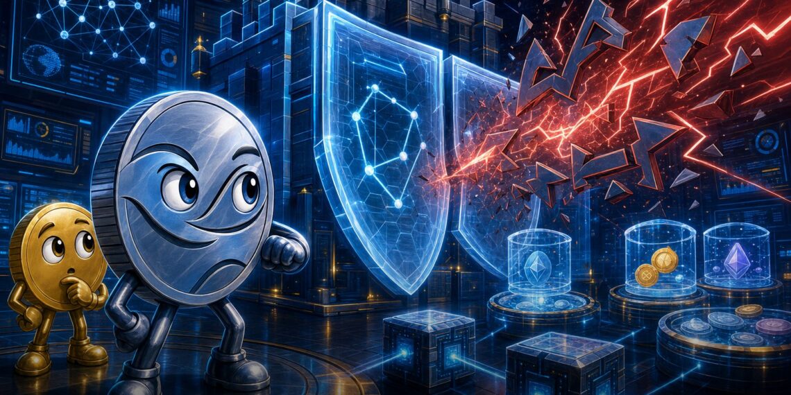 Ilustração editorial sobre XRP Ledger, AMM e proteção contra ataques de flash loan