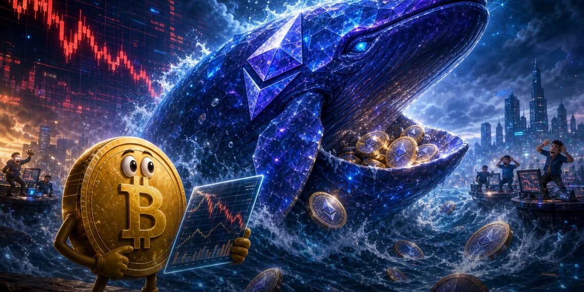 Ilustração editorial de baleias acumulando Ethereum durante queda do ETH