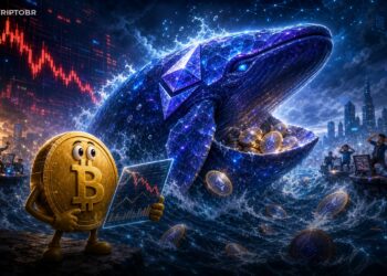 Ilustração editorial de baleias acumulando Ethereum durante queda do ETH