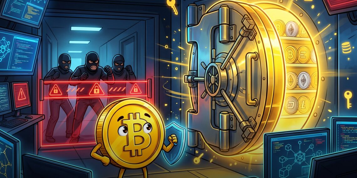 Ilustração editorial sobre trava de saques da Binance contra ataques físicos a usuários cripto