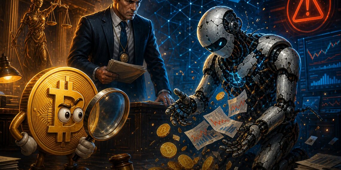 Ilustração editorial sobre acusação da SEC contra golpe cripto com falsos bots de inteligência artificial