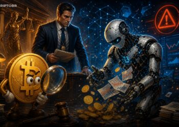 Ilustração editorial sobre acusação da SEC contra golpe cripto com falsos bots de inteligência artificial