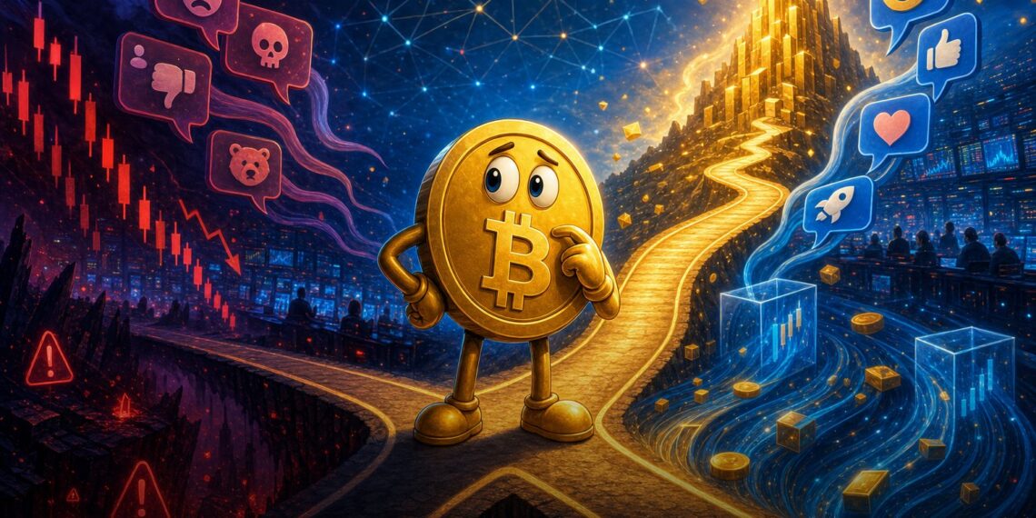Mascote do Bitcoin diante de sinais mistos de mercado e alerta de sentimento