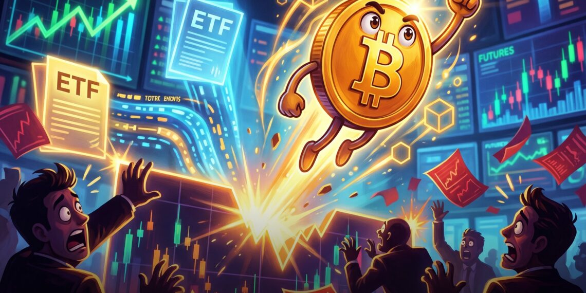 Mascote do Bitcoin rompe resistência em gráfico de mercado com liquidações de vendidos