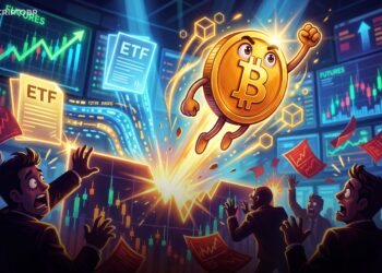 Mascote do Bitcoin rompe resistência em gráfico de mercado com liquidações de vendidos