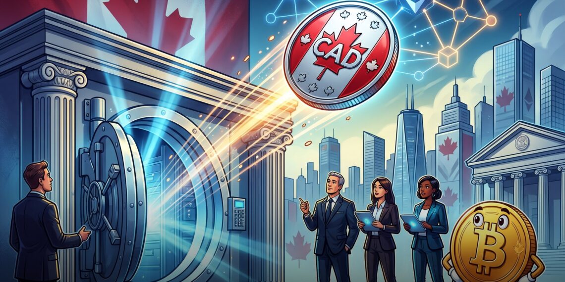 Ilustração editorial de stablecoin regulada em dólar canadense CADD conectada a redes blockchain
