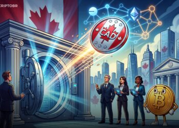 Ilustração editorial de stablecoin regulada em dólar canadense CADD conectada a redes blockchain