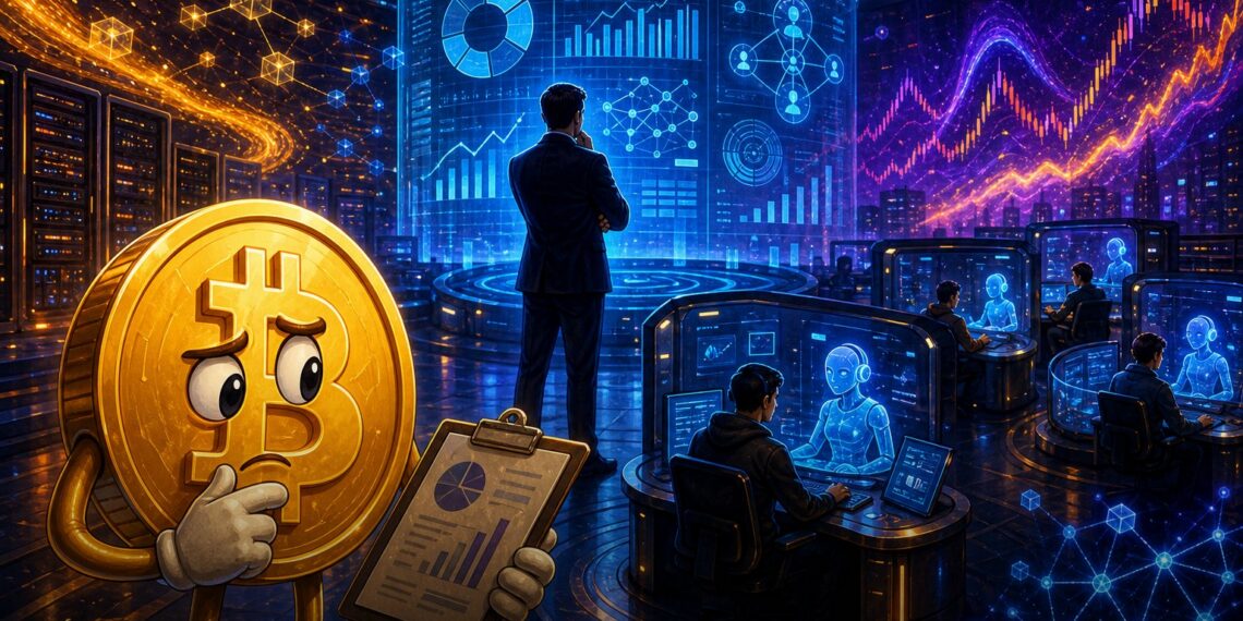 Ilustração editorial sobre Coinbase, cortes de equipe e inteligência artificial