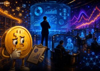 Ilustração editorial sobre Coinbase, cortes de equipe e inteligência artificial