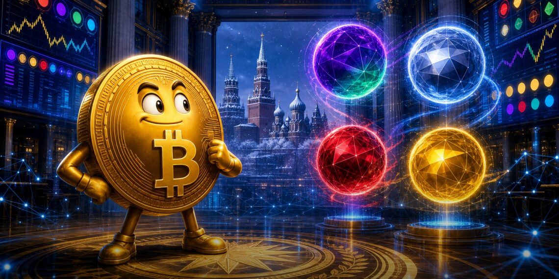 Ilustração editorial de índices cripto da Bolsa de Moscou com BNB, Solana, XRP e Tron