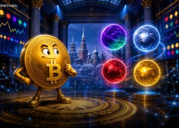 Ilustração editorial de índices cripto da Bolsa de Moscou com BNB, Solana, XRP e Tron
