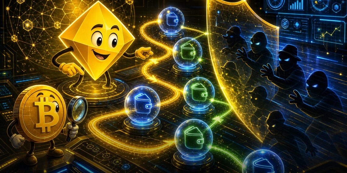Ilustração editorial sobre Gh0st, privacidade de trading e BNB Chain