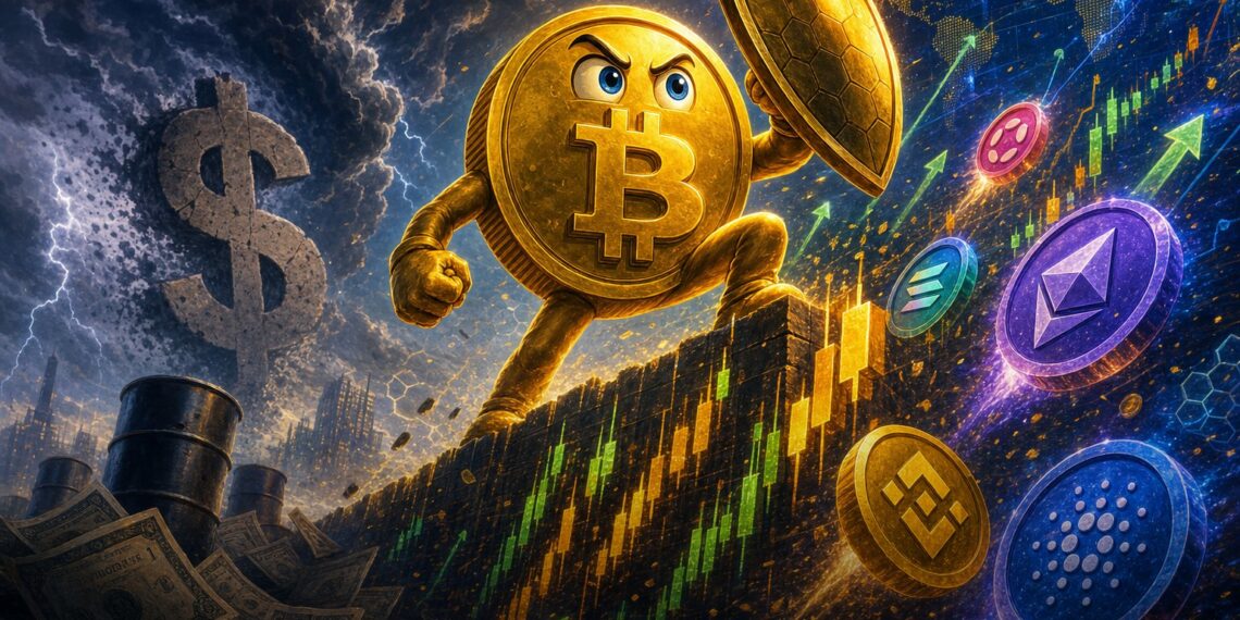 Ilustração editorial do Bitcoin acima de US$ 82 mil com mercado cripto em alta