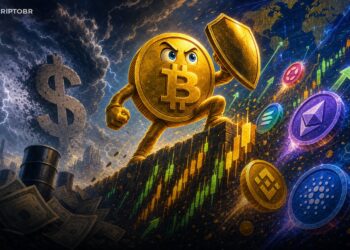 Ilustração editorial do Bitcoin acima de US$ 82 mil com mercado cripto em alta