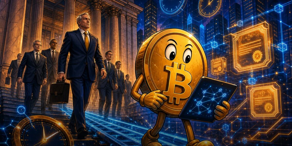Ilustração editorial de executivos de Wall Street entrando em trilhos blockchain com mascote Bitcoin