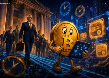 Ilustração editorial de executivos de Wall Street entrando em trilhos blockchain com mascote Bitcoin