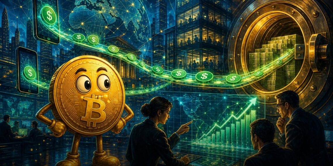 Ilustração editorial sobre crescimento das stablecoins para trilhões de dólares