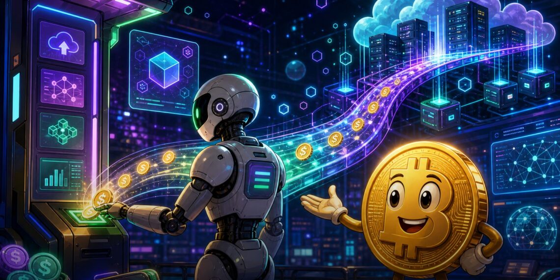 Ilustração editorial de agente de IA usando stablecoins na Solana para pagar APIs via Pay.sh
