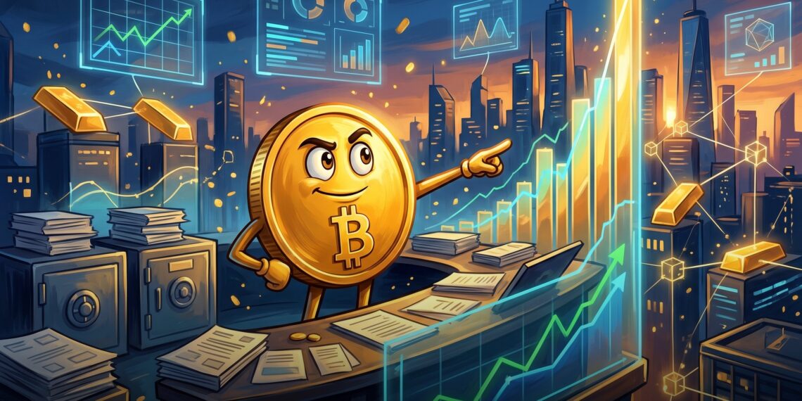 Mascote do Bitcoin em mesa institucional com gráfico de valorização rumo a trilhões de dólares
