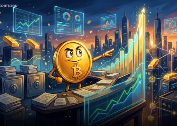 Mascote do Bitcoin em mesa institucional com gráfico de valorização rumo a trilhões de dólares