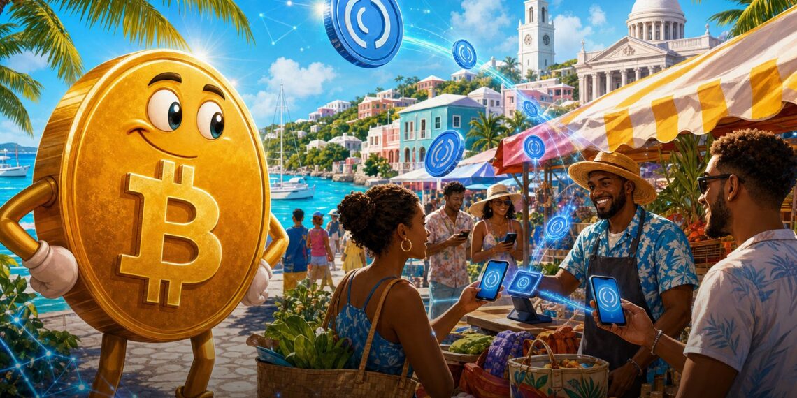 Ilustração de Bermudas testando pagamentos com USDC no comércio local