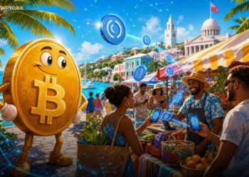 Ilustração de Bermudas testando pagamentos com USDC no comércio local