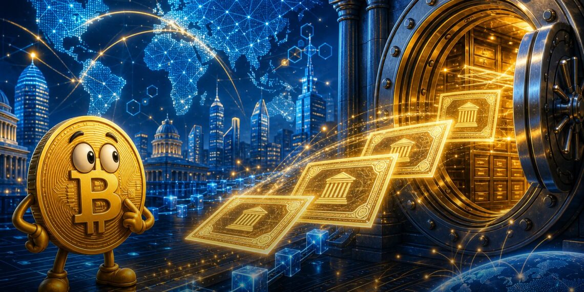 Ilustração editorial de Treasuries tokenizados sendo liquidados entre blockchain pública e banco global