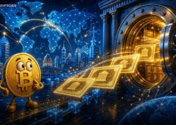 Ilustração editorial de Treasuries tokenizados sendo liquidados entre blockchain pública e banco global