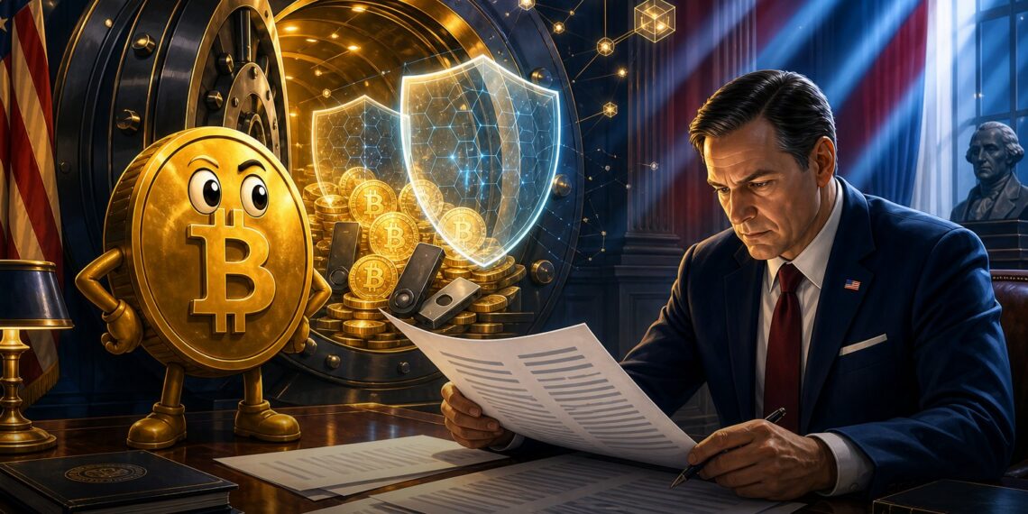 Ilustração editorial sobre a Reserva Estratégica de Bitcoin dos EUA