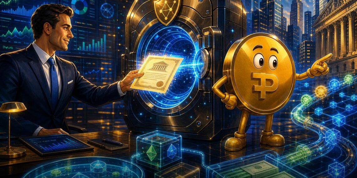 Ilustração editorial sobre fundo tokenizado da Bitwise e Superstate