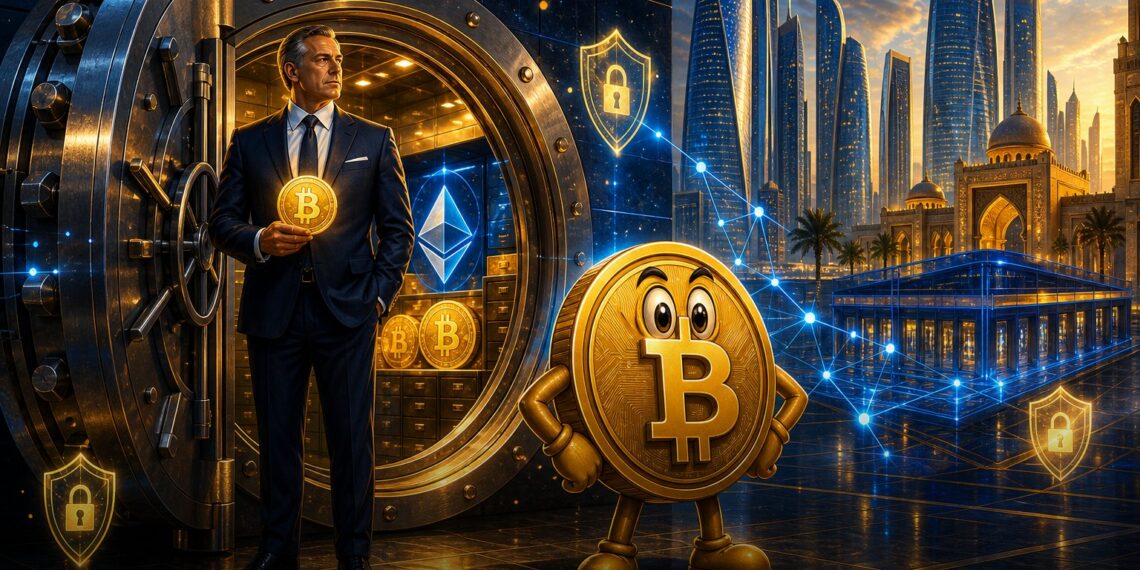 Ilustração editorial de banco institucional oferecendo custódia de Bitcoin e Ether em Abu Dhabi