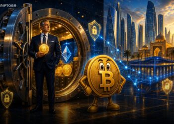 Ilustração editorial de banco institucional oferecendo custódia de Bitcoin e Ether em Abu Dhabi