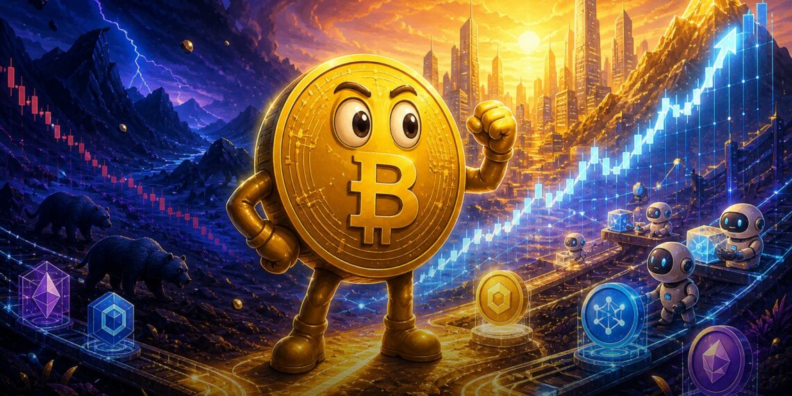 Mascote do Bitcoin diante de gráficos e infraestrutura de tokenização
