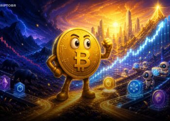 Mascote do Bitcoin diante de gráficos e infraestrutura de tokenização